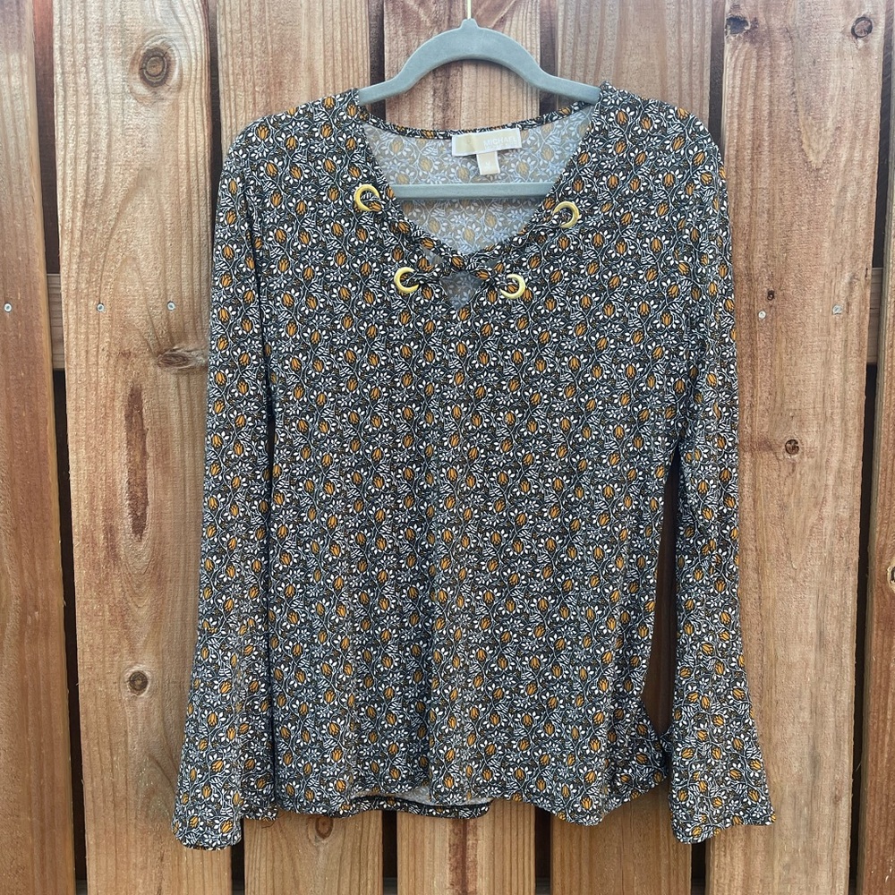 Michael Kors Black and Gold Leaf Print Top